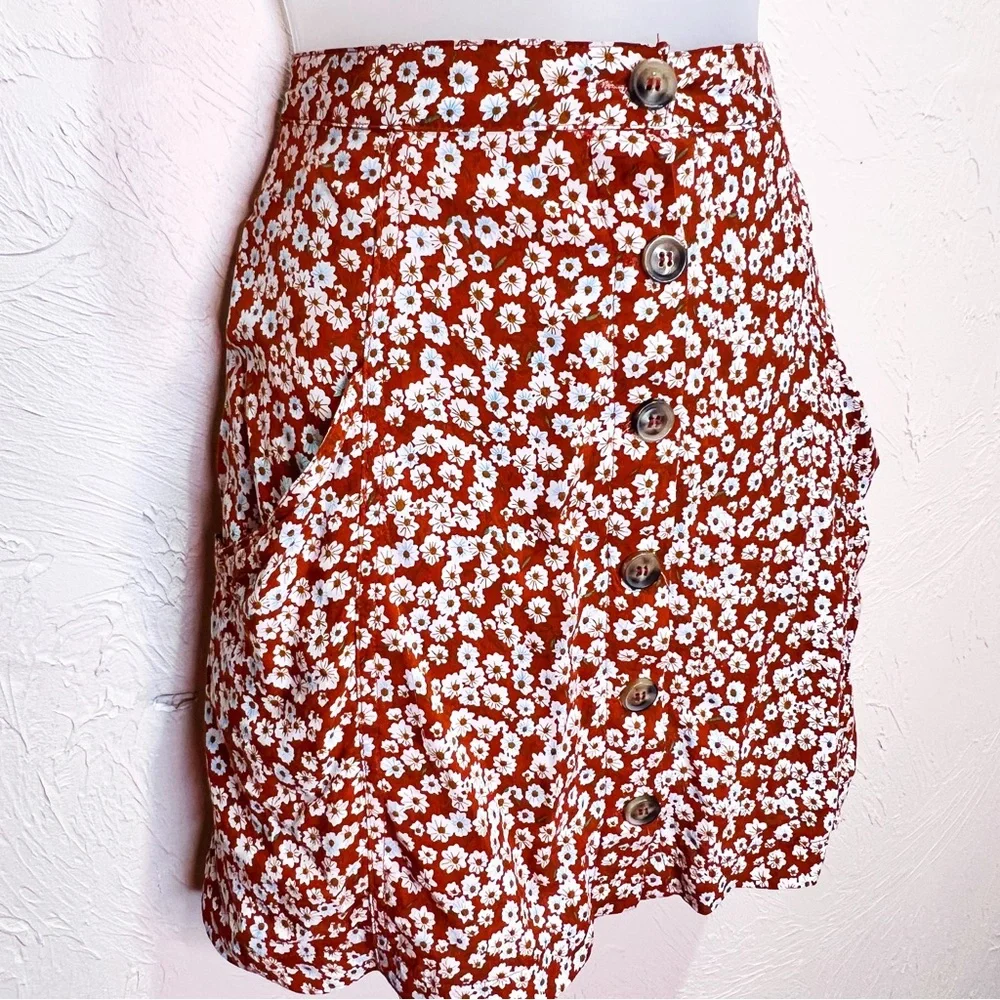 Rust Floral Mini Button Down Skater Skirt Womens 9 Floaty Casual Fall - Picture 4 of 8
